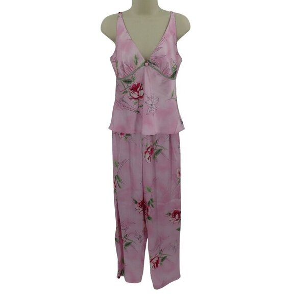 Gilligan & OMalley Women Small Pink Rose Flower V Neck Tank Top Pants Pajama Set - Picture 1 of 13
